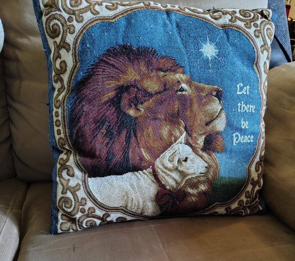 Let There Be Peace vintage woven tapestry Decorative Throw Pillow lamb lion 18"